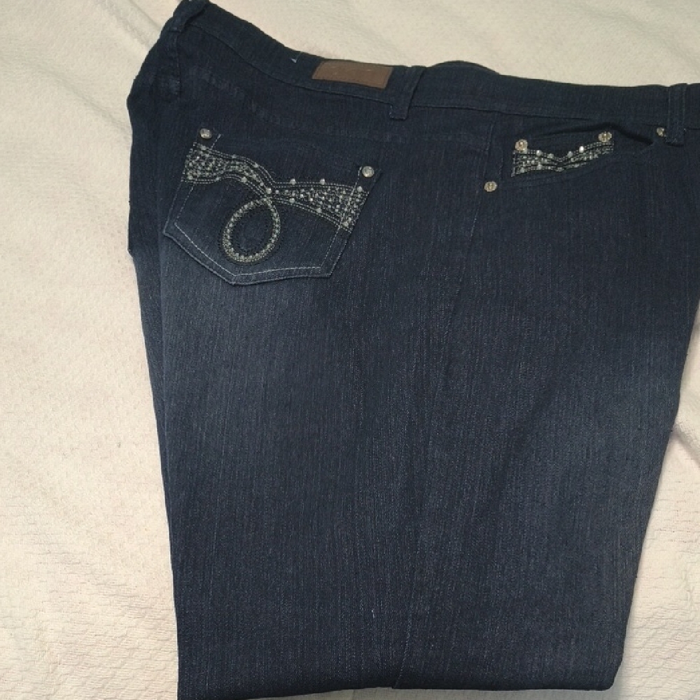 Elegant Dark Blue Women's Straight Leg Jeans With Sequin Accents.